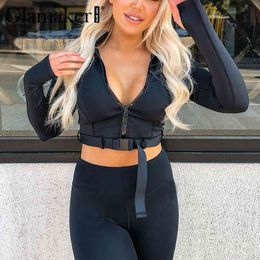 Glamaker Schoolbag buckle casual 2 piece suit Women fashion slim top and pants sportswear Bodycon female black sets spring 210412