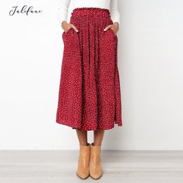 Women Summer Fashion White Dots Floral Print Pleated Midi Skirt Sexy High Waist Pockets Beach Holiday Wear Female Skirts 210415