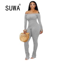 Preferred Products Gray Stacked Trousers Overalls For Women Off Shoulder Sexy Party Jumpsuits Fall Winter Clothes 210525