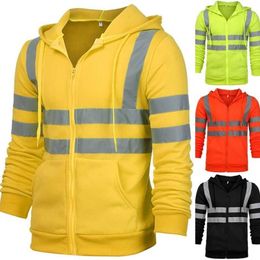 Men Stripe Patchwork Hooded Sweatshirt Zip Jumper Tops Railway Work Jacket Outwear Reflective Tape Safety Security Coat 211214