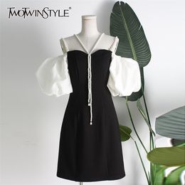 Hit Color Patchwork Pearl Elegant Dress For Women Square Collar Puff Sleeve High Waist Mini Dresses Female 210520