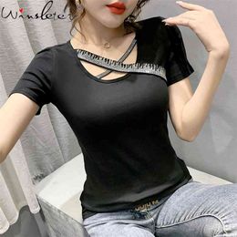 Summer European Style T-Shirt Fashion Sexy Hollow Out Shiny Diamond Women Tops Casual Slim Bottoming Shirt Tees T14401A 210421