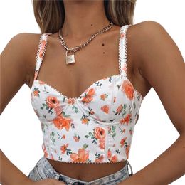 CHRONSTYLE Fashion Sexy Women Tube Tops Cropped Flower Print V-neck Push Up Camis Short Tank 2021 Summer Sexy Bustiers Corsets X0507