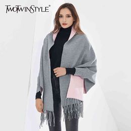 Thick Sweater For Women V Neck Lantern Long Sleeve Knitting Cloak Cardigans Hit Colour Tassel Sweaters Female 210524