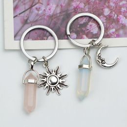 With Natural Stone Powder Crystal Sun Moon Face Key Ring Celestial Polar Key Chain Crescent Keyrings Bag Charms Vintage Friendship Valentine's Day Gifts G696TL4