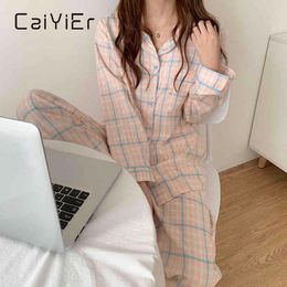 CAIYIER Cute Grid Girls Pajamas Set Korean Autumn Winter Long Sleeve Leisure Sleepwear Women Loose Nightwear Homewear Suit