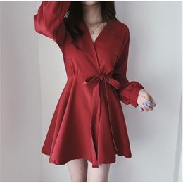 lace up Plus size Autumn red Dress Girls Boho Party Female Vintage v neck Long Sleeve Women es Robe Vestido 210423