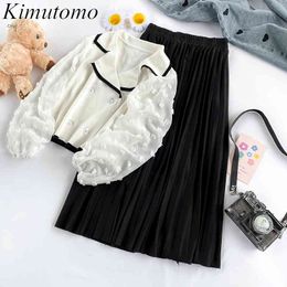 Kimutomo Hong Kong Fashion Women Set Long Sleeve Mesh Stitching Knitted Tops High Waist Wild Black Solid Skirt Two Piece Suit 210521