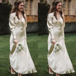 2022 Vintage Wedding Dresses A Line Bridal Gowns Satin Long Sleeves V Neck Ankle Length Custom Made Plus Size Boho Garden Country Wedding vestidos