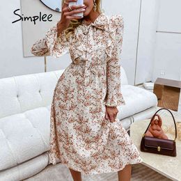 Floral print maxi dresses for women casual Bowknot ruffle long ptal sleeve summer Holiday fashion office dress 210414