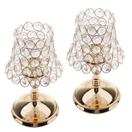 2 Pieces Gold Pillar Desk Lamp Crystal Votive Candle Holder Centrepieces for Wedding Decoration Candle Lantern 22cm Height