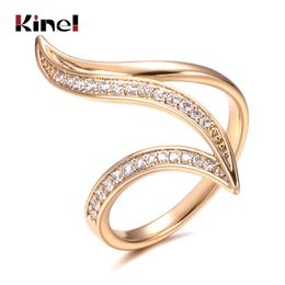 Kinel New Fine Hyperbole Curve Women Rings White Round Micro Wax Inlay Natural Zircon 585 Rose Gold Fashion Jewelry Unique Ring X0715