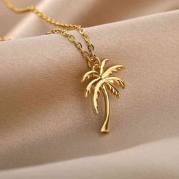 Stainless Steel Coconut Tree Necklace For Women Gold Sliver Color Palm Tree Pendant Necklaces Charm Collares Fashion Jewelry G1206