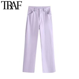 TRAF Women Chic Fashion Faux Leather Wide Leg Pants Vintage High Waist Zipper Fly Pockets Female Trousers Mujer 210415