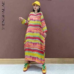SHENGPLLAE Rainbow Stripe Personalized Dress Women's Spring Round Neck Loose Long Sleeve Mid-calf Dresses Female 5C259 210427
