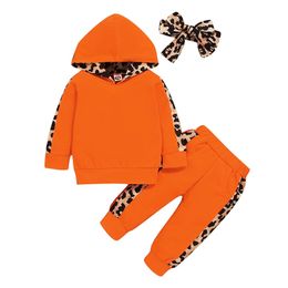 Kids Clothes Set Autumn Winter Children's Long Sleeve Leopard Printed Patchwork hooded Casual Top+ Pant 2pcs Outfits Toddle 210528