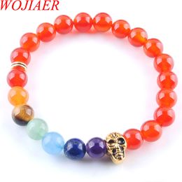 chakra head Canada - WOJIAER 8mm Red Agate Stone Round Beads Ghost Head Strands Bracelets 7 Chakra Healing Mala Meditation Prayer Yoga Women Jewelry K3235