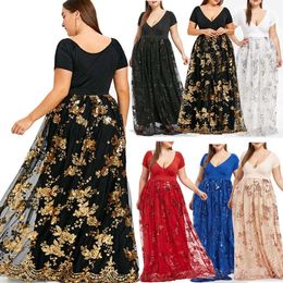 2021 Women Plus Size Dress Floral Sequined Evening Party Mesh Dress Large Size V-neck Short-sleeved Flower Mesh Dress Y1006