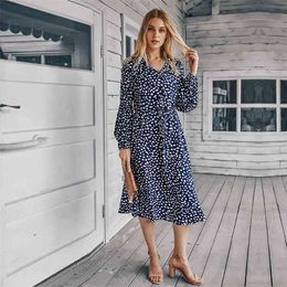 Autumn And Winter Stand Collar Long-sleeved Simple Polka Dot Printed Dress Women Fashion Lantern Sleeve Maxi Vestidos 210517