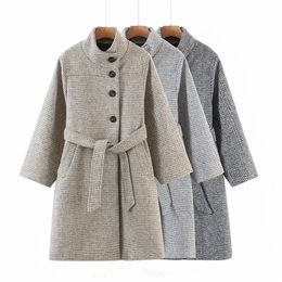 Autumn And Winter Temperament Stand-Up Collar Design Side Button Lace Cheque Woollen Mid-Length Coat Jacket 210521