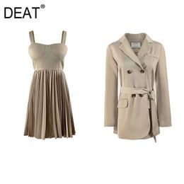 summer fashion office lady women clothes notched collar pocket single blazer and straps sexy pleated dress set 210421