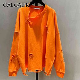 GALCAUR Oversized Sweatshirt For Women O Neck Long Sleeve Hole Korean Pullovers Designer Sweatshirts Female Fashion Clothes 211108