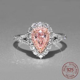 Original Pure Silver 925 Ring Pear Shape Pink Crystal Zircon Water Drop for Women Fashion Jewellery Gift J-249