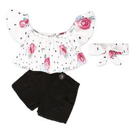 Toddler Girls Off Shoulder Shirt Pleated Tube Top Black Denim Shorts Headband Dot Rose Floral T-shirt Short Jeans Pants 210413