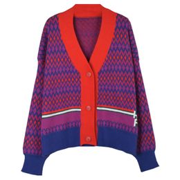 Women Fuchsia Green Sweater Knitted Argyle Long Sleeve V Neck Single-breasted Cardigans Section Autumn M0201 210514