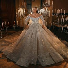 Pearls Glitter Wedding Dress Off Shoulder Crystal Beading Bridal Gowns Long Sleeves Sweep Train Sequins Robe de mariee