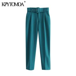 KPYTOMOA Women Fashion With Belt Side Pockets Office Wear Pants Vintage High Waist Zipper Fly Female Ankle Trousers Mujer 211216