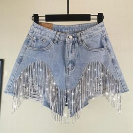 Spring Summer Diamond Tassels Denim Shorts Woman All-match Thin High Waist Jeans Solid Colour Fringed Women's