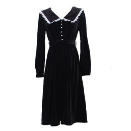 Black Lace Sailor Collar Puff Sleeve Long Mid Calf Midi Dress Elegant Winter Autum Vintage Preal Velvet D1422 210514