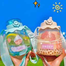 Double straw strap plastic Water Bottles, large capacity, cute summer student must-have drinking cup, high-value cups