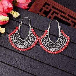 Indian Fan-shaped Dangle Earrings For Women Sliver Color Ethnic Vintage Hollow Earrings Gypsy Jewelry