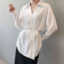 JXMYY Irregular white shirt female design sense niche in the fall of new lace waist oblique button long-sleeved shirt top 210412