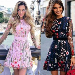 New Style Mesh Patchwork Pink Flowers See Through Short Dress Birthday Party Celebrate Dress Nightclub Women Embroidery Dress 210409