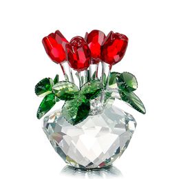 Souvenir Gift Crystal Red Rose Flower Decor Figurine Spring Bouquet Sculpture Ornaments Gift-Boxed Home Wedding Decor Favours