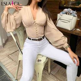 Office women blouses long sleeve solid color bottoming shirt latern v-neck sexy casual streetwear fashion 210515