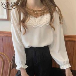 Spring O Neck Blouse Women Floral Print Flare Sleeve Loose Chiffon Shirt Crochet Lace Hollow Patchwork Top Blusas 13287 210415