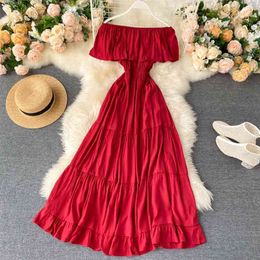Chic Women Summer Seaside Holiday Dress Ins Slash Neck Ruffled Solid Colour Vestidos De Fiesta L725 210527