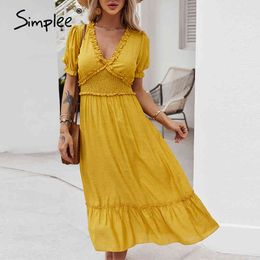 Casual yellow high waist V-neck short sleeve Spring summer long holiday style ruffle dresses Elegant A-line dress 210414