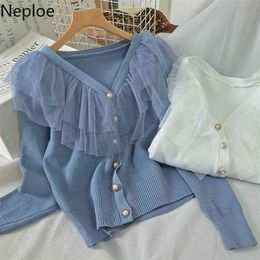 Neploe Double Lace V Neck Cardigans Sweater Long Sleeve Single Breasted Design Straight Slim Pull Femme Coat Autumn Knit 47916 210922