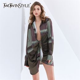 Vintage Ruched Dress For Women Lapel Long Sleeve High Waist Hit Colour Print Shirt Dresses Female Fashion Autumn 210520