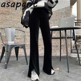 Pants & Capris Fleece Split Black Wide Leg Pants High Waist Casual Retro Black Velvet Flare Pants Pantalones De Mujer Autumn 210610