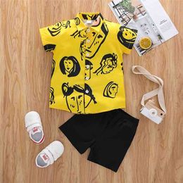 Summer Children Sets Short Sleeve Turn-down Collar Single Breasted Print T-shirt Black Shorts Girl Boys Clothes 18M-6T 210629