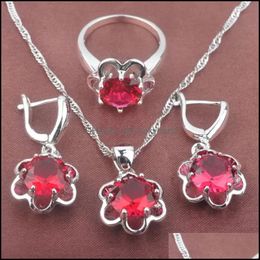 Earrings & Necklace Jewelry Sets 2021 For Women Wedding Set Sier Color Rose Red Crystal Pendant Rings Russian Style Tz0130 Drop Delivery U0J