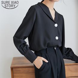 Korean Style Women Black V-collar Long Sleeves Chiffon Shirts Blusas Mujer De Moda Lantern Sleeve 6456 50 210506