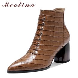 Genuine Leather High Heel Ankle Boots Short Women Shoes Pointed Toe Block Heels Zipper Lady Footwear Black Size 42 210517