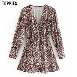 Toppies Woman Floral Printing Mini Dresses Female Long Sleeve V-neck Dress Asymmetrical Blouses 210412